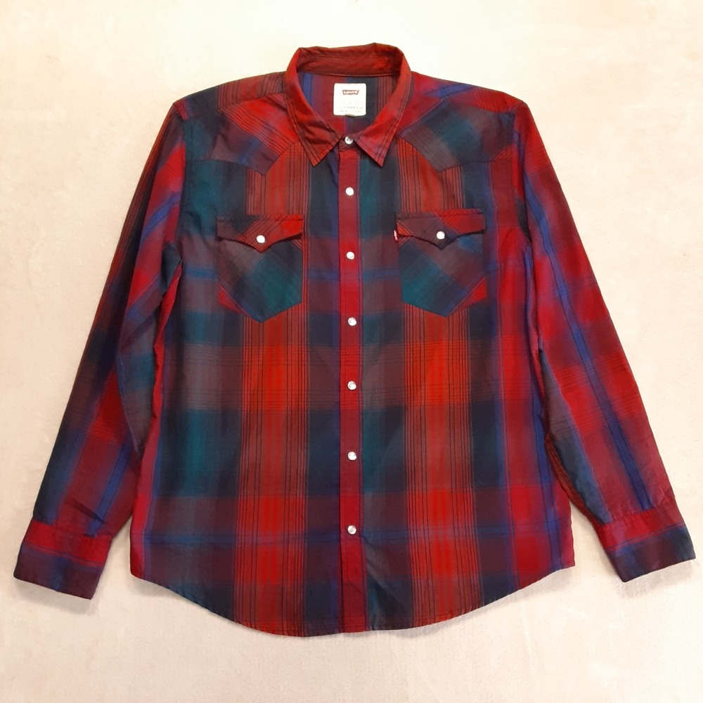 Levis Mens Long Sleeve Plaid Pearl Snap Western Shirt L Red/Blue Double Pockets